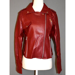 Women's Red Faux Leather Biker Jacket Moto Slim XL Fit Zippers New with Tags